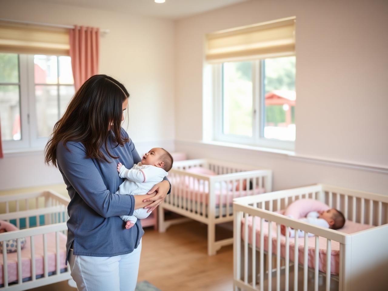 Caring teacher holding a baby in Sky's Daycare infant room