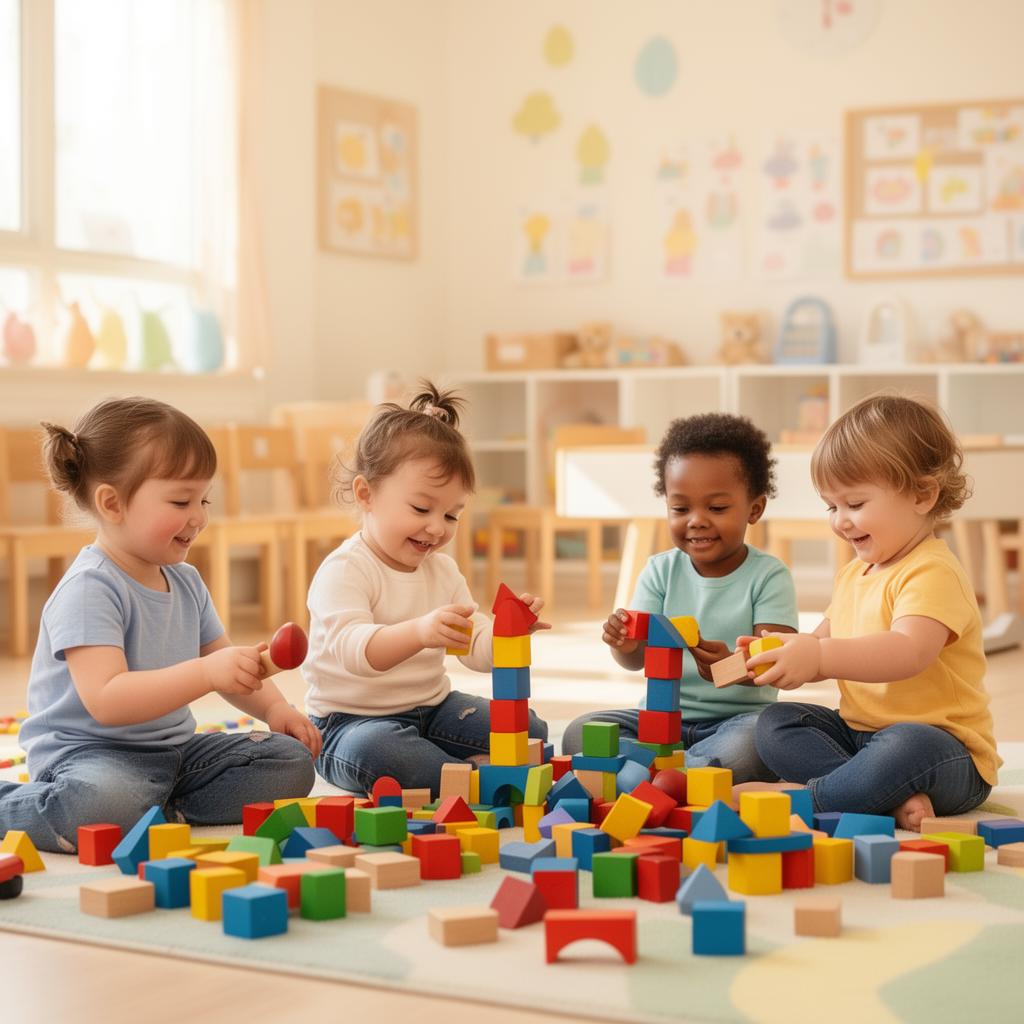 Toddlers playing with colorful wooden blocks in Sky's Daycare classroom
